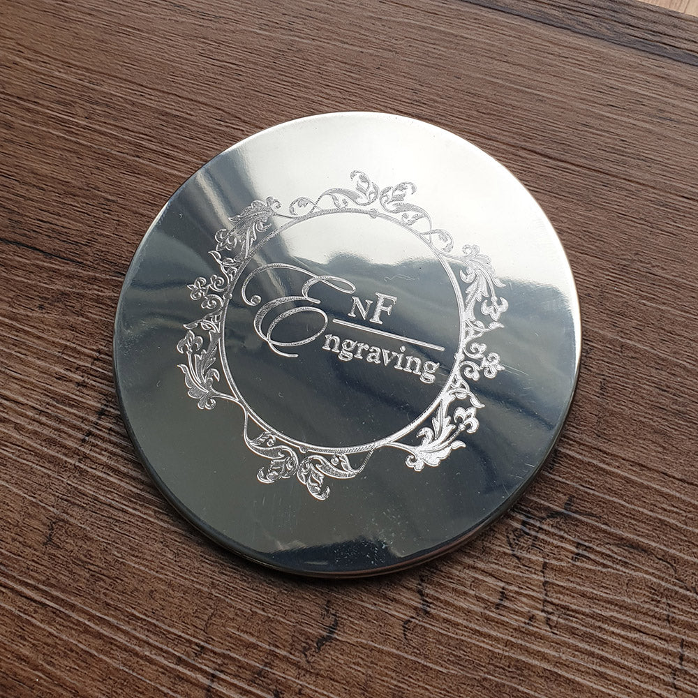 Round Pewter Coaster with EnF Engraving Logo engraved