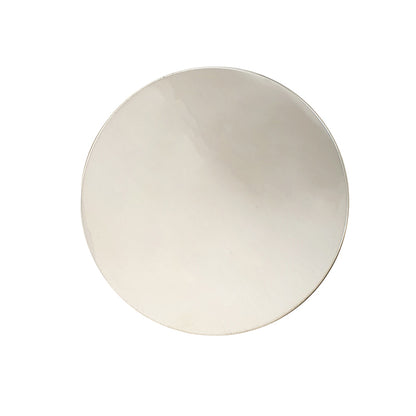 Round pewter drinks coaster shown from above on white background