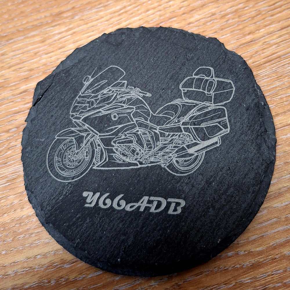 our K1600 GTL Motorcycle artwork engraved on a round natural slate drinks coaster