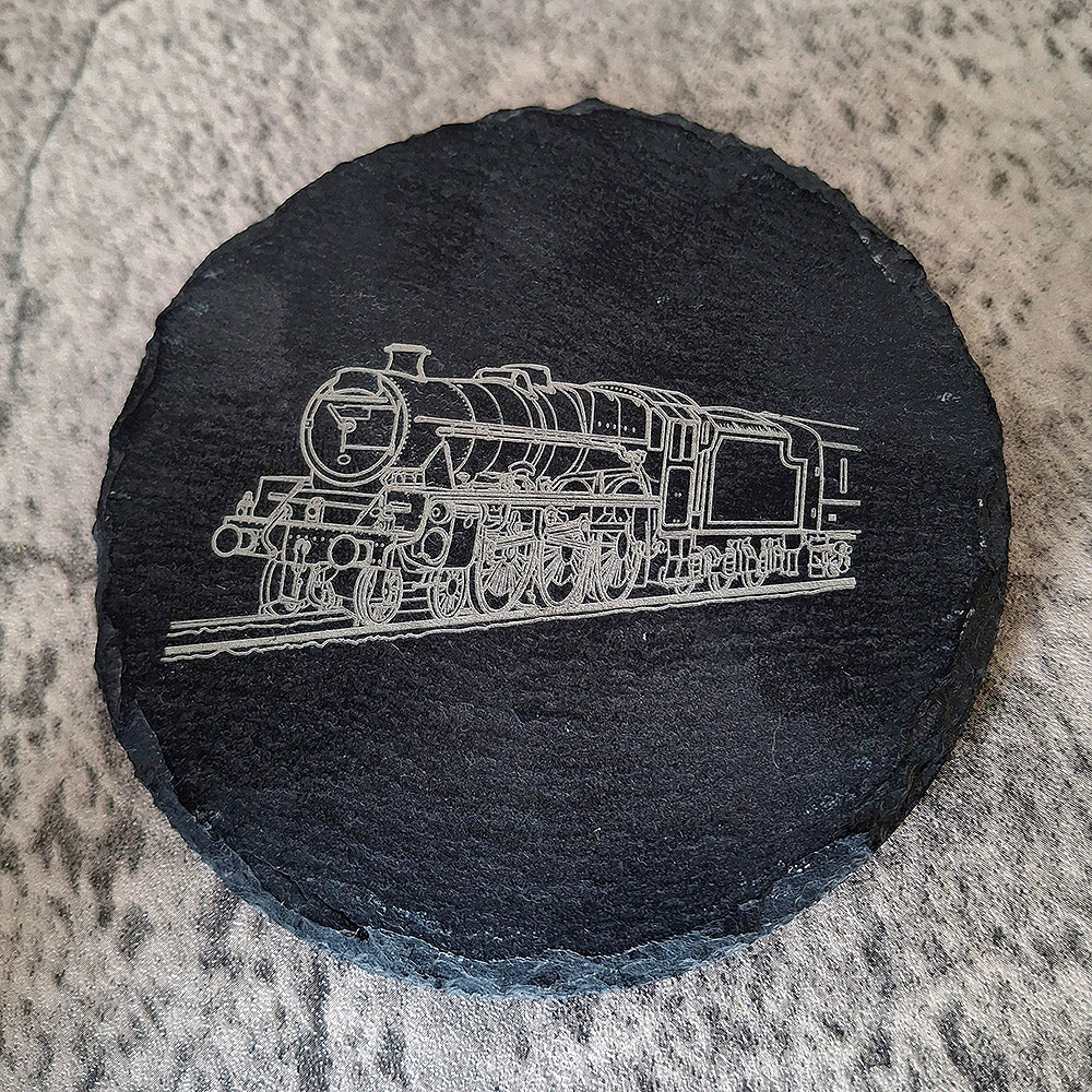 Round slate drinks coaster engraved with our steam engine locolotive artwork