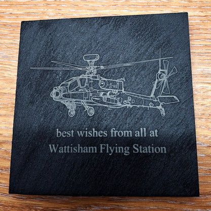 Our Apache Helicopter artwork engraved on a square natural slate drinks coaster