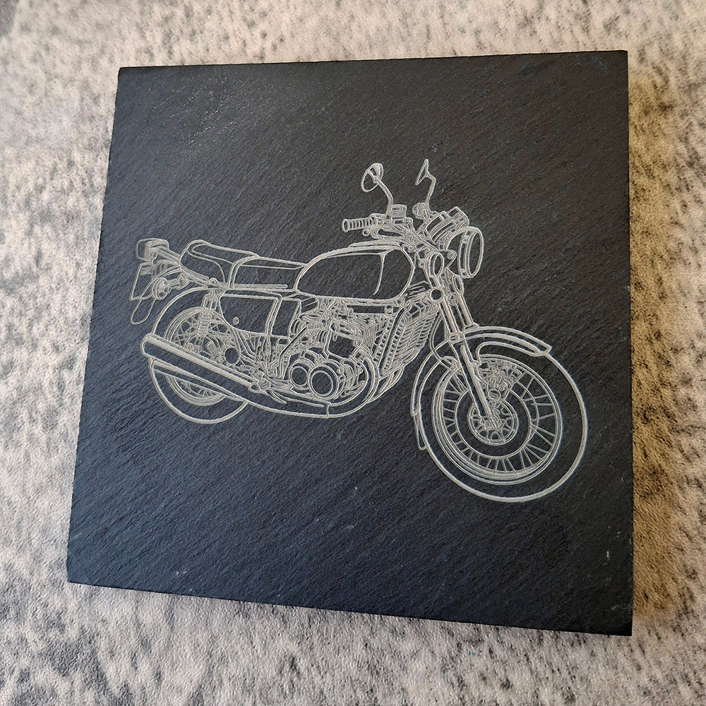Suz GT750 Motorcycle artwork engraved on a Square natural slate drinks coaster.