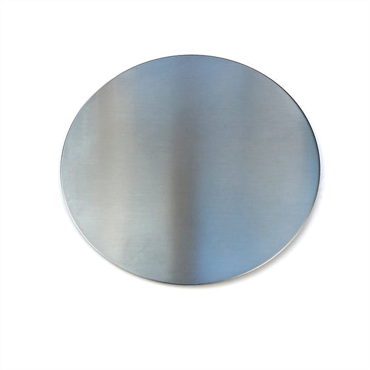 round brushed steel drinks coaster shown on a  white background