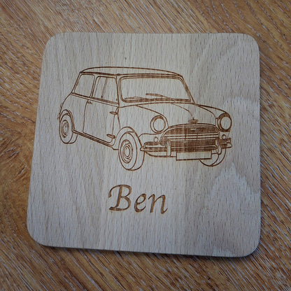 Our Classic mini car artwork engraved on square wood drinks coaster