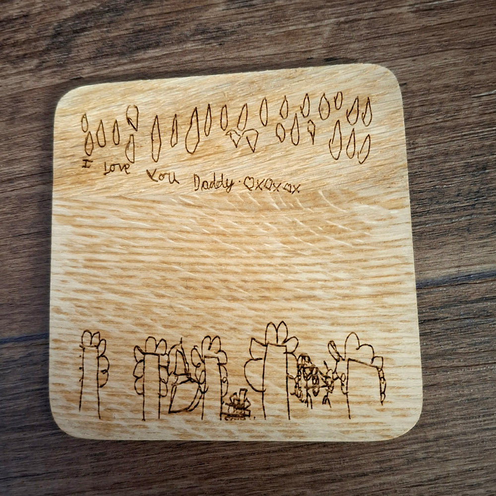 Square wood drinks coaster engraved with Kids drawing for dad.