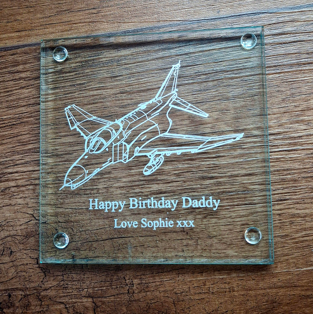 F4 Phantom Aircraft  Glass Coaster engraved with Birthday Message | Giftware Engraved