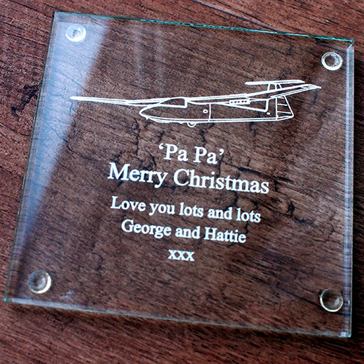 Pirat Glider Aircraft with Merry Christmas Message Engraved on Glass Coaster | Giftware Engraved