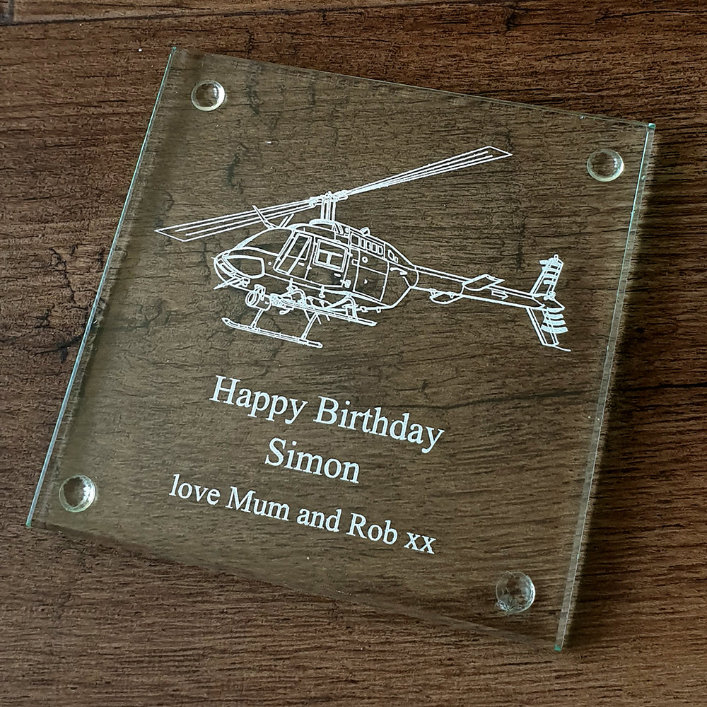 Bell Jet Ranger Helicopter artwork engraved on Glass Coaster with additional Birthday Message | Giftware Engraved