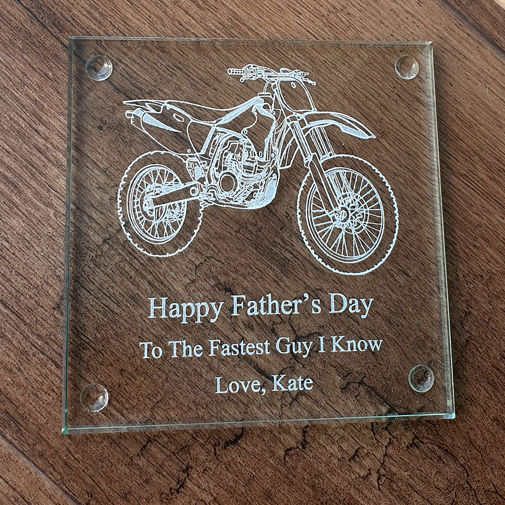 Dirt Bike Artwork Engraved on Glass Drinks Coaster with Fathers Day Message | Giftware Engraved