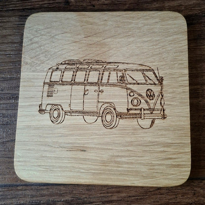 Campervan engraved on Oak Wood Drinks Coaster | Giftware Engraved.