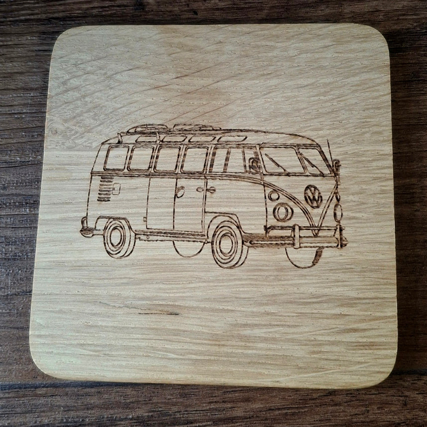 Hippy Campervan laser engraved on Oak Drinks Coaster | Giftware Engraved