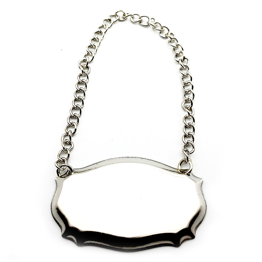 blank steel decanter wine bottle label tag with chain.