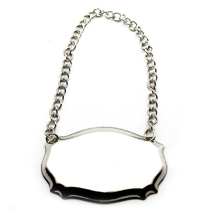 blank steel decanter wine bottle label tag with chain.
