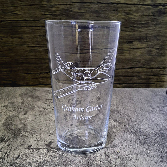 A Conical Pint Glass engraved with our Piper PA34 Seneca Aircraft Artwork and name personalisation.
