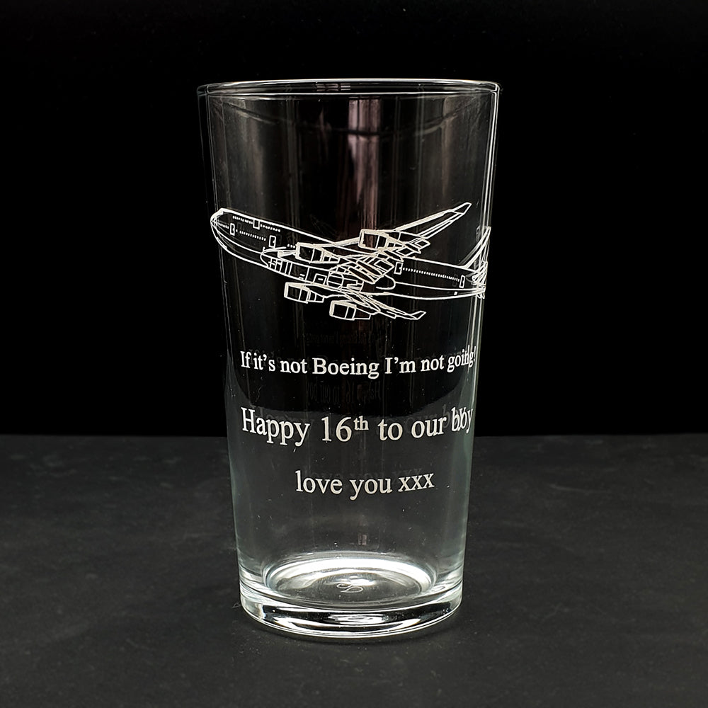 Boeing 747 Aircraft Beer Glass with a birthday message engraved underneath