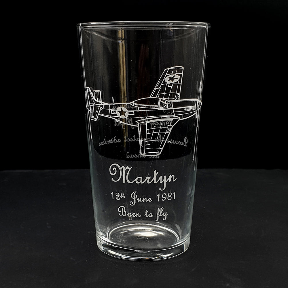 P51 mustang aircraft and personalised engraving on a beer glass.