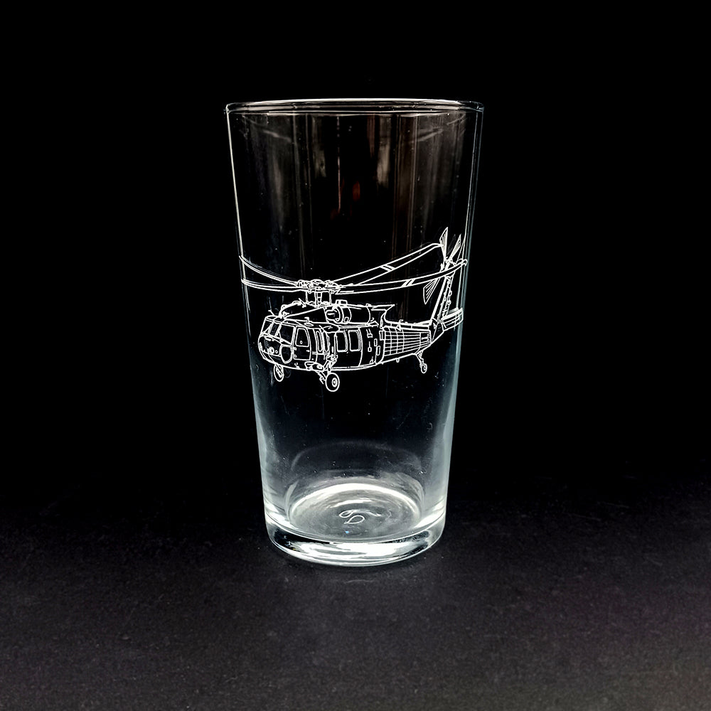UH60 Blackhawk helicopter artwork on a beer glass