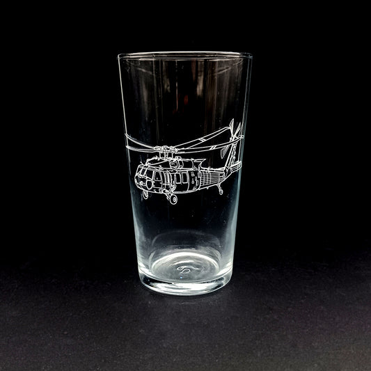 UH60 Blackhawk helicopter artwork on a beer glass