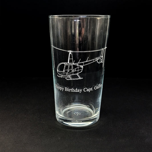 Birthday Beer Glass engraved with Robinson R44 helicopter artwork.