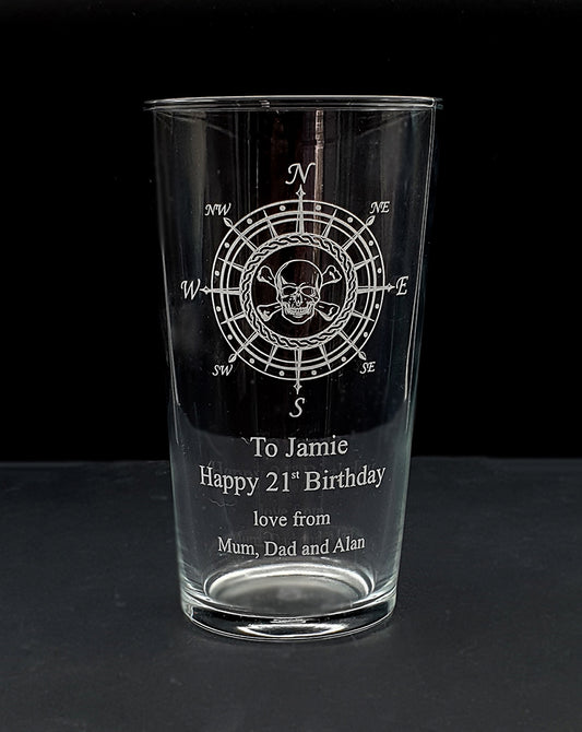 Pirate skull compass beer Glass with Birthday message engraved