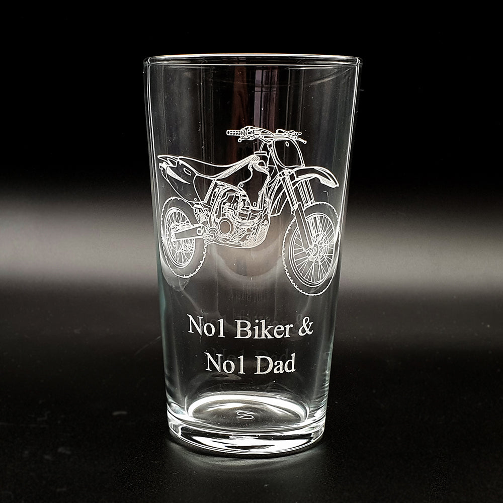 beer glass with a dirt motocross motorcycle engraving and text 'No1 Biker & No1 Dad'
