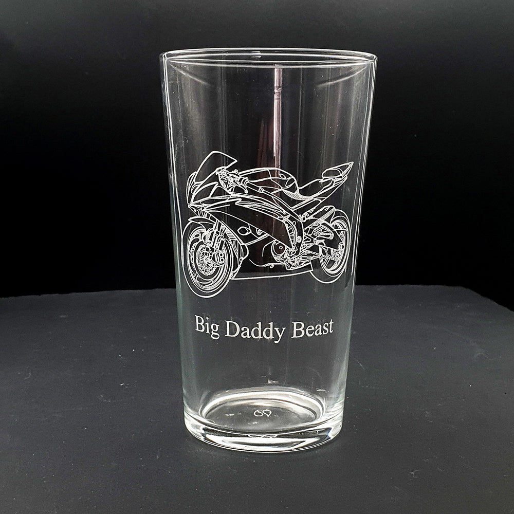 Beer Glass engraved with Yam R6 Motorcycle and 'Big Daddy Beast'
