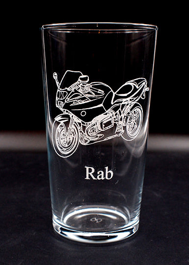 Beer glass with a R1100 motorcycle engraving and 'Rab' text