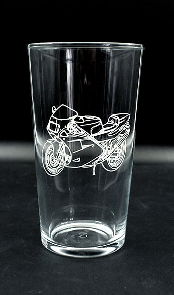 888 motorcycle artwork engraved on a conical beer glass.
