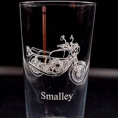 beer glass with a GT750 motorcycle engraving and 'Smalley' text