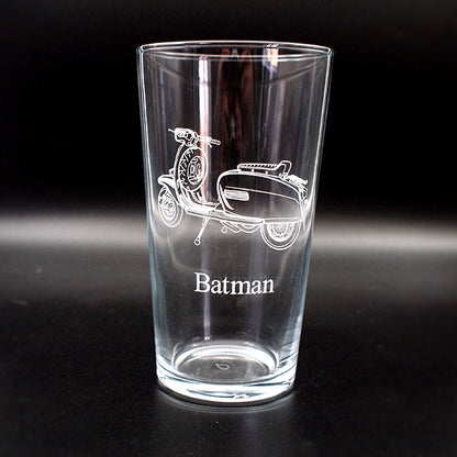 Lamb scooter on a conical beer glass with the text batman below