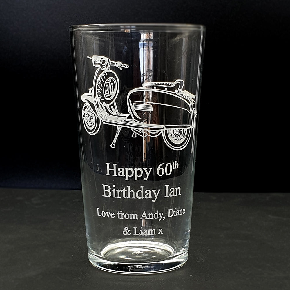Lamb Scooter Beer Glass with engraved birthday message below the artwork