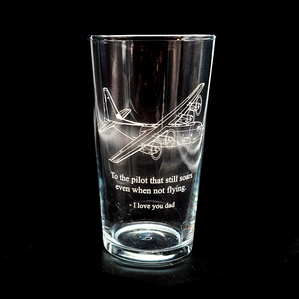 C130 Hercules aircraft engraved on a beer glass with personalised text