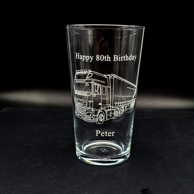 Birthday beer glass engraved with our HGV Lorry