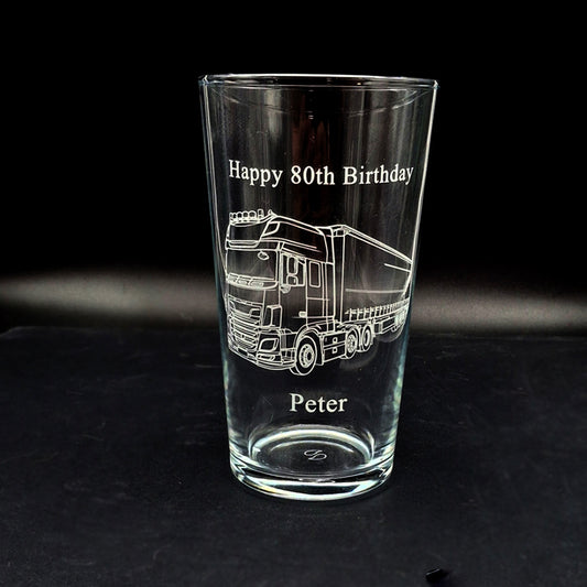 Birthday beer glass engraved with our HGV Lorry