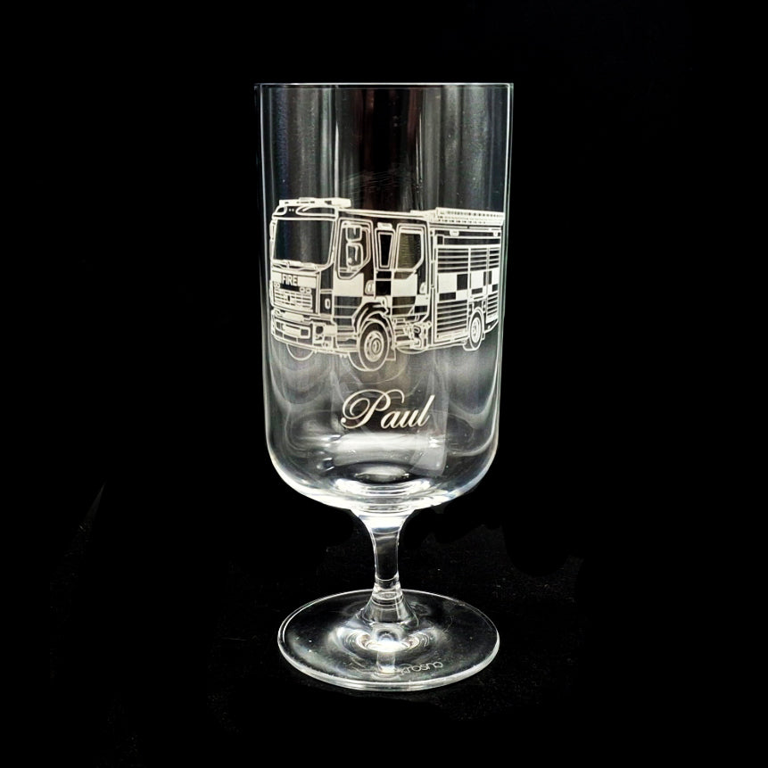 Fire Engine artwork engraved on a stem Beer Glass with "Paul" written in Edwardian script font below
