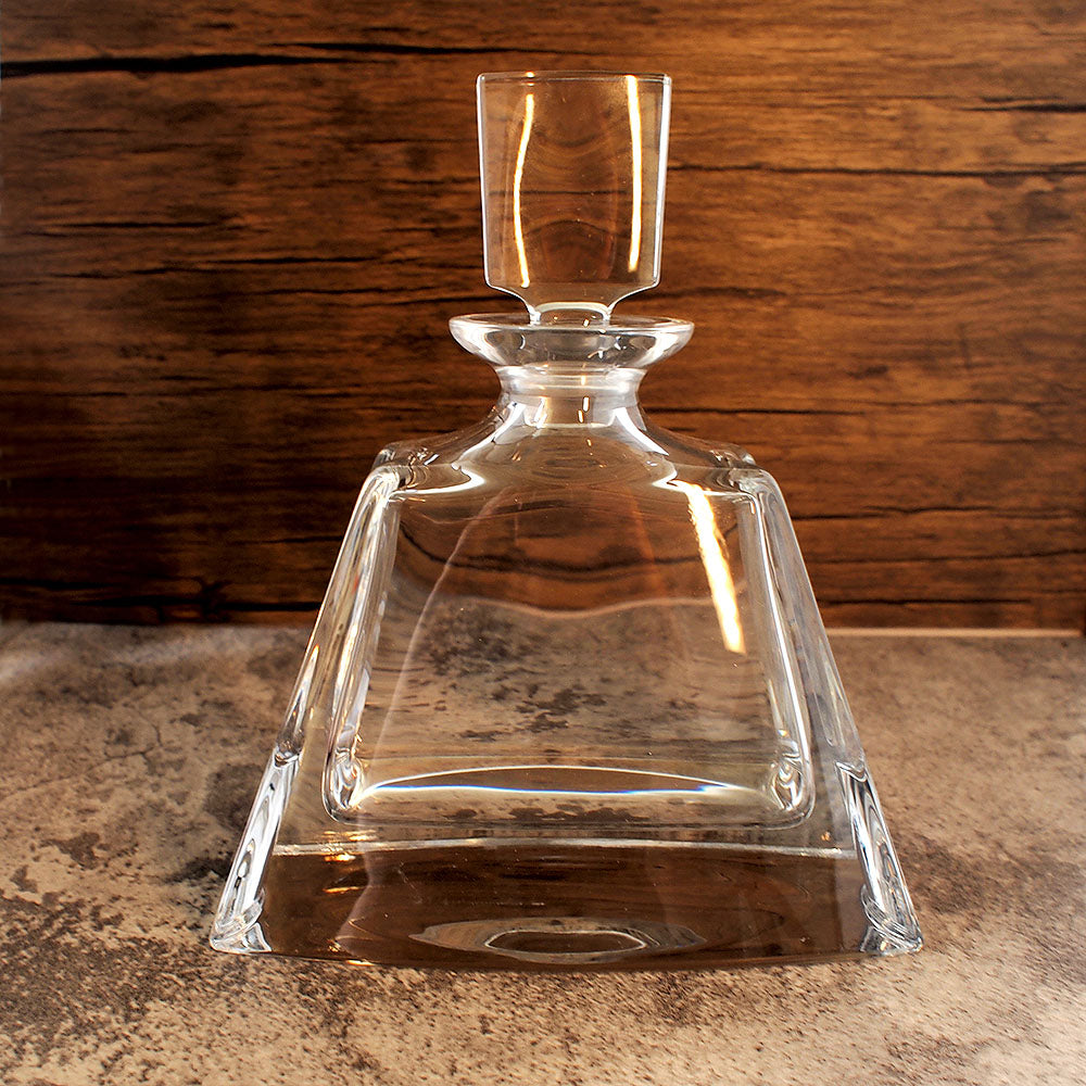 hand made Boston midi spirits decanter shown from the front against a wooden back drop