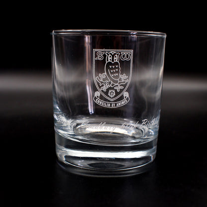 everyday tumbler glass with logo and text engraved on the front