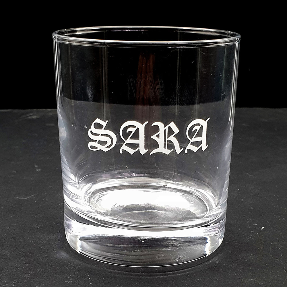 Everyday tumbler engraved with Sara in Old English font