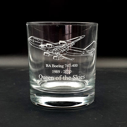 Classic Glass Tumbler engraved with our Boeing 7478 artwork and QUEENOF THE SKIES Text