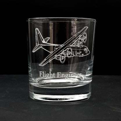 Glass tumbler engraved with our C130 Hercules aircraft artwork and 'flight engineer' engraved beneath.