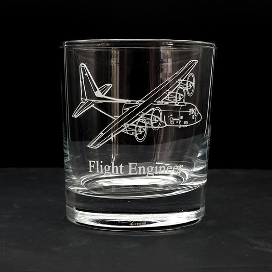 Glass tumbler engraved with our C130 Hercules aircraft artwork and 'flight engineer' engraved beneath.