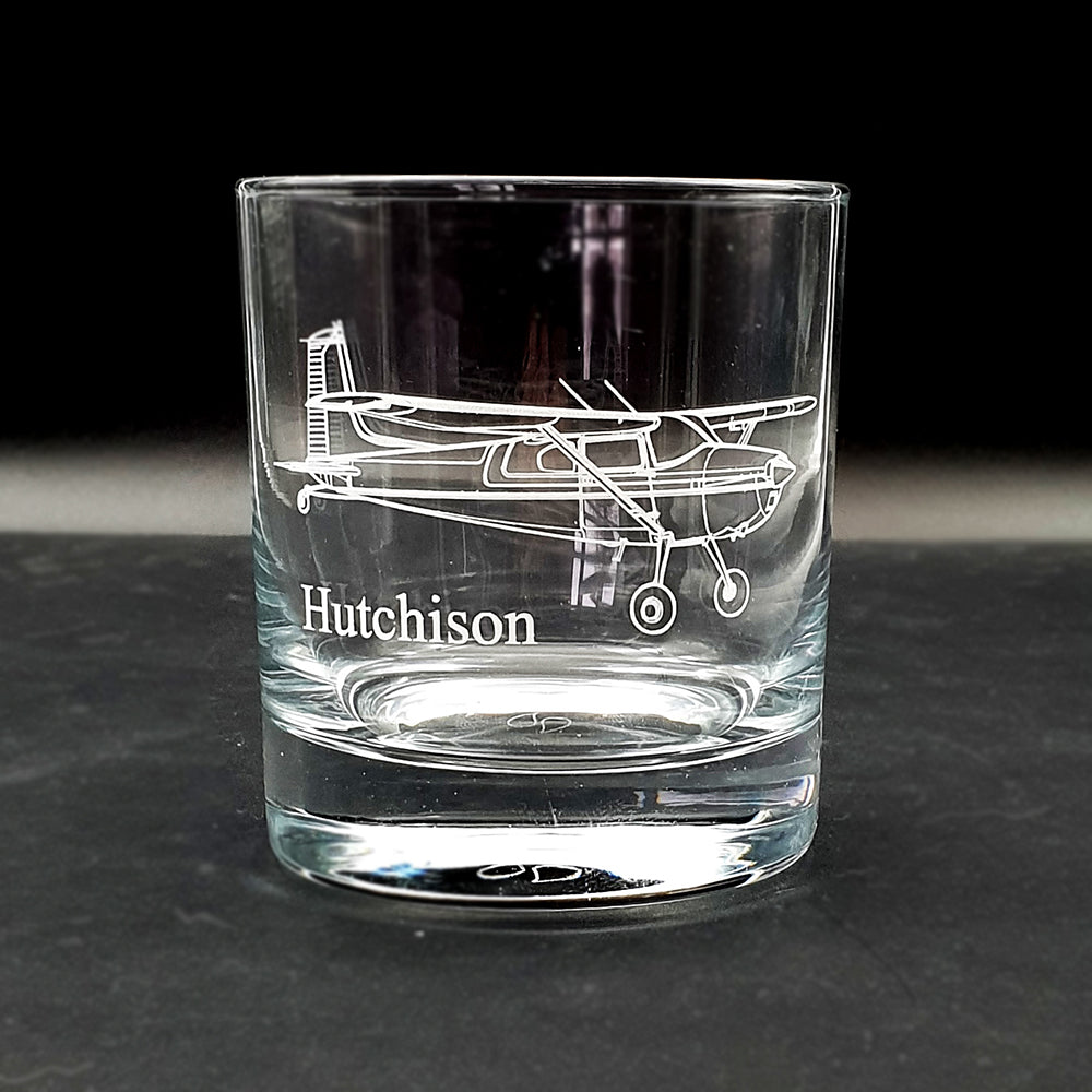 Classic Tumbler glass engraved with our Cessna 180 aircraft artwork and the text 'Hutchison' just below the tail.