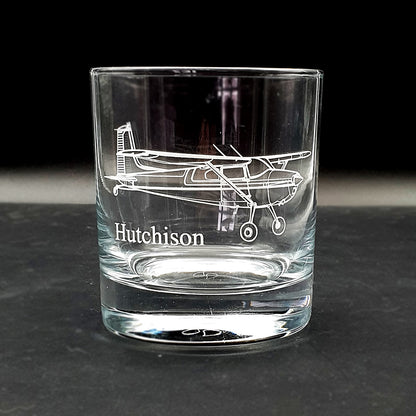 Classic Tumbler glass engraved with our Cessna 180 aircraft artwork and the text 'Hutchison' just below the tail.