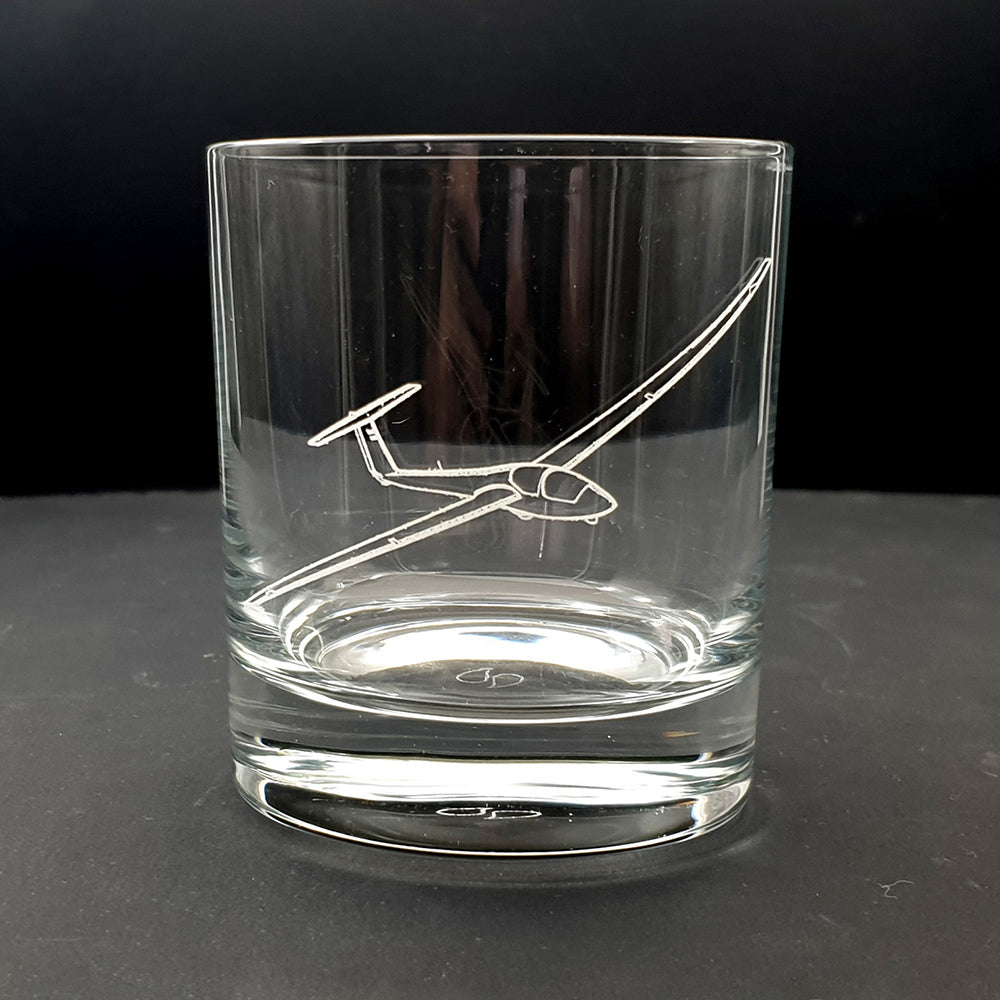 Clear glass with ASK 21 Glider engraved on the front against a black background