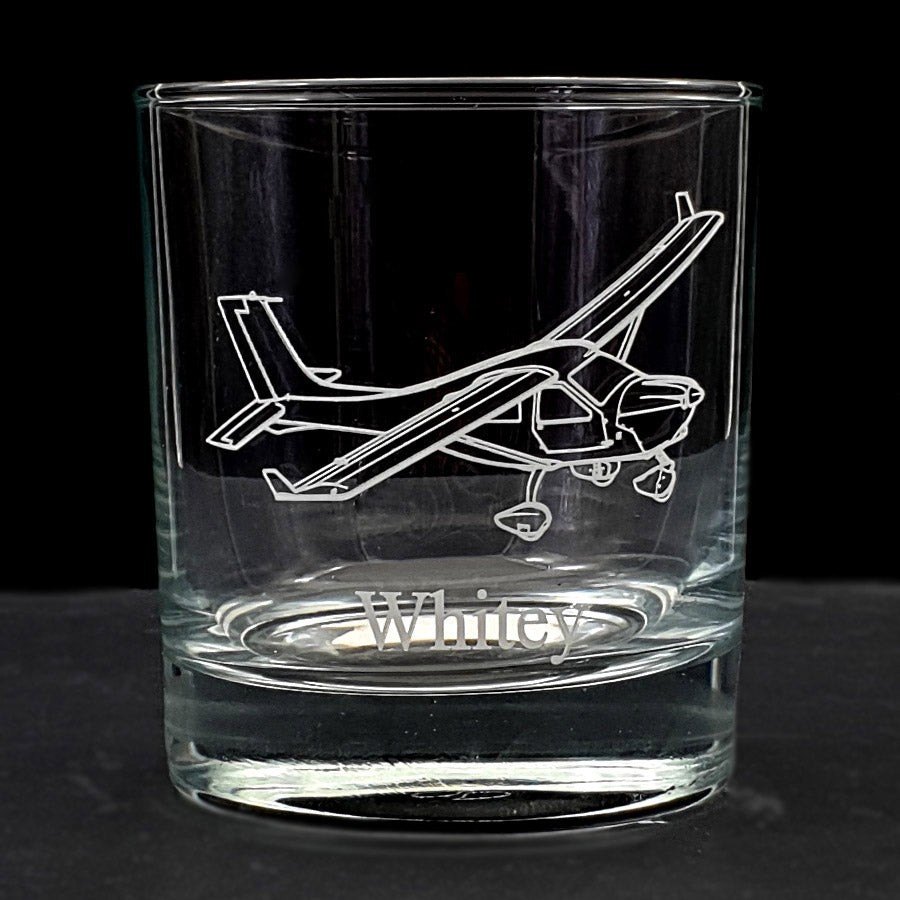 Jabiru j230 aircraft artwork engraved on classic tumbler glass with additional personalisation.