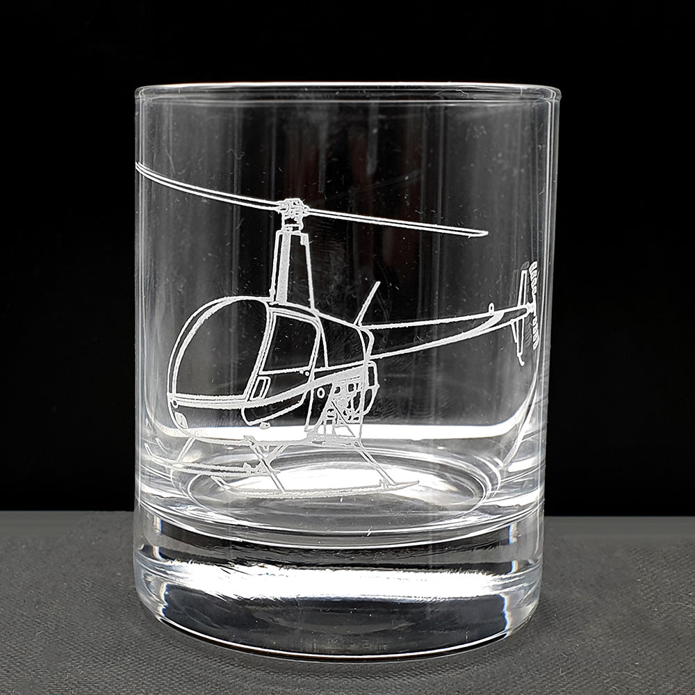 Robinson R22 helicopter artwork engraved on the side of straight sided tumbler glass