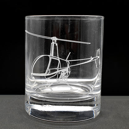 Robinson R22 helicopter artwork engraved on the side of straight sided tumbler glass