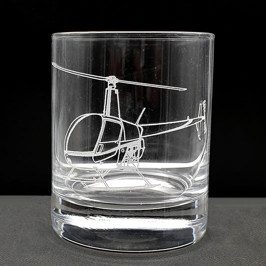 Robinson R22 helicopter artwork engraved on the side of straight sided tumbler glass