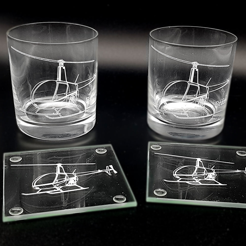 Set of two tumblers and glass coasters all engraved with our Robinson R22 Helicopter artwork