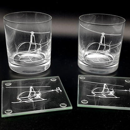Set of two tumblers and glass coasters all engraved with our Robinson R22 Helicopter artwork